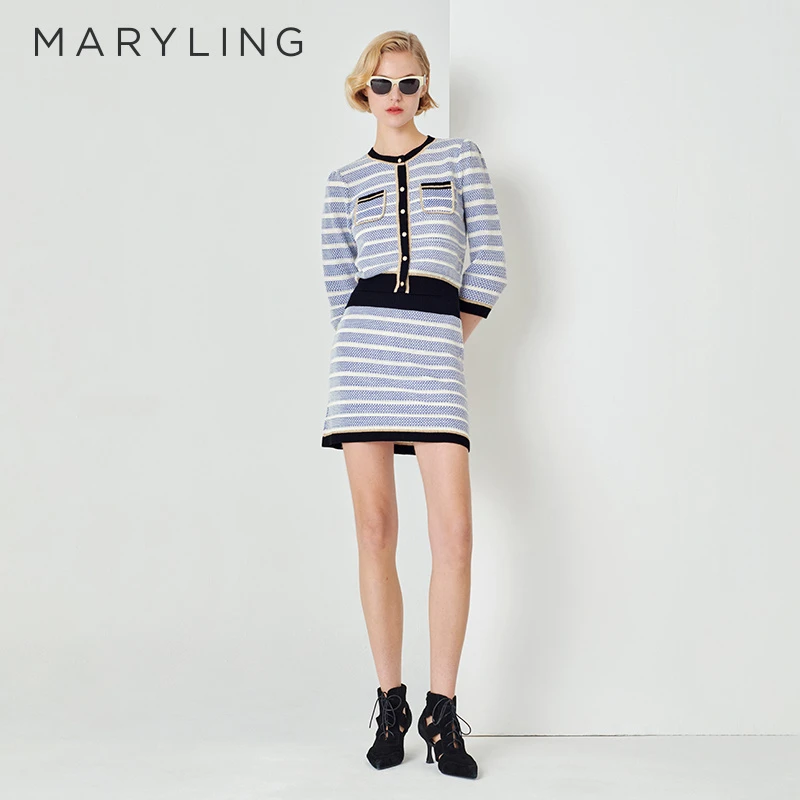 MARYLING玛俪琳春夏季时尚优雅蓝白条纹气质针织半身裙A1DBW05520