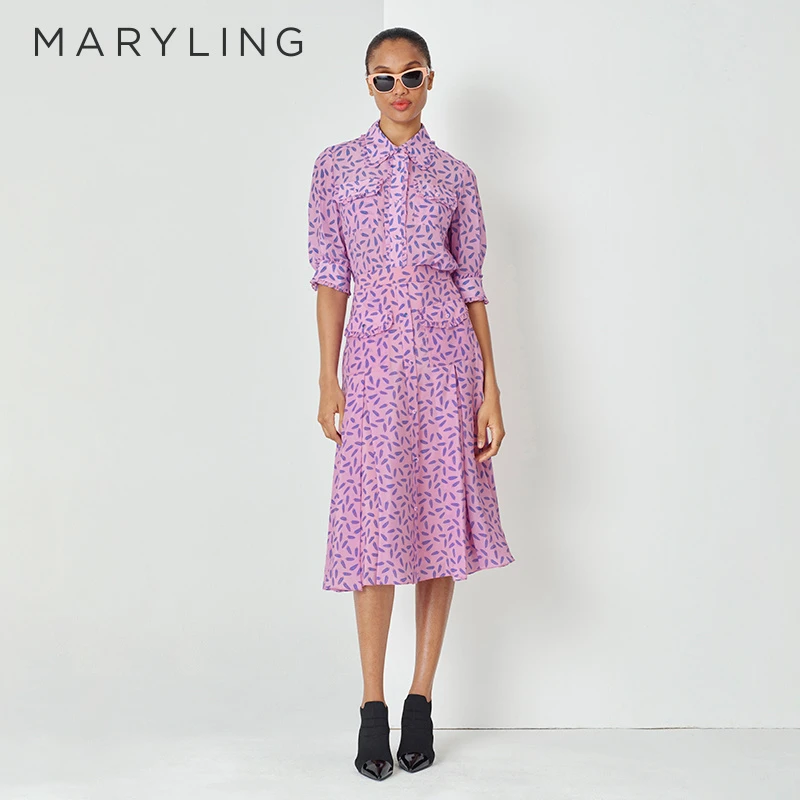 MARYLING玛俪琳时尚梦幻粉色丛林印花真丝五分袖衬衣女A1DBW20100