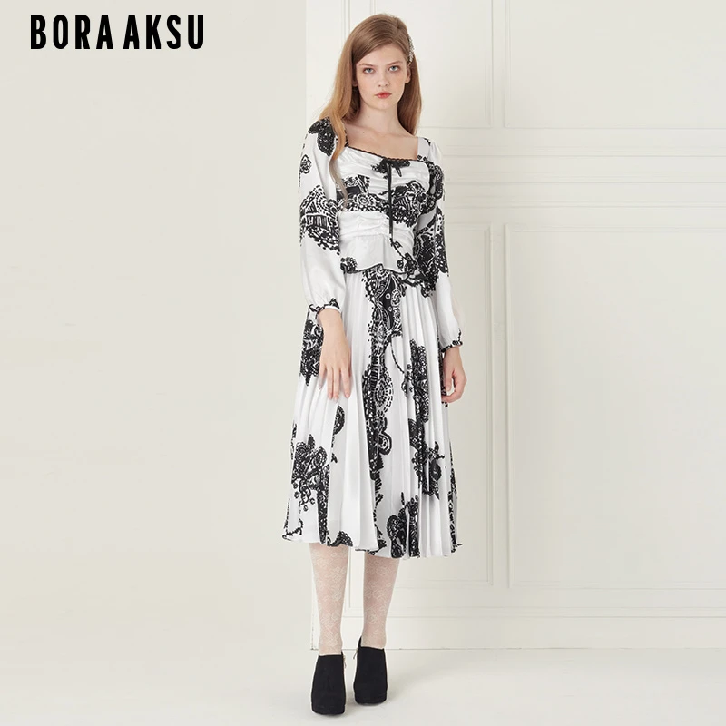 BORAAKSU夏季复古法式压褶时尚黑白抽象印花优雅连衣裙B1CFW61820