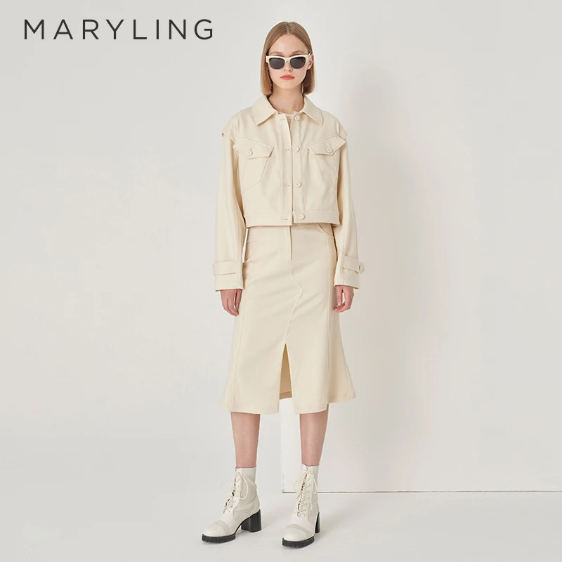 MARYLING玛俪琳初秋时尚优雅米白色小鱼尾开叉半身裙女A1DGW72260