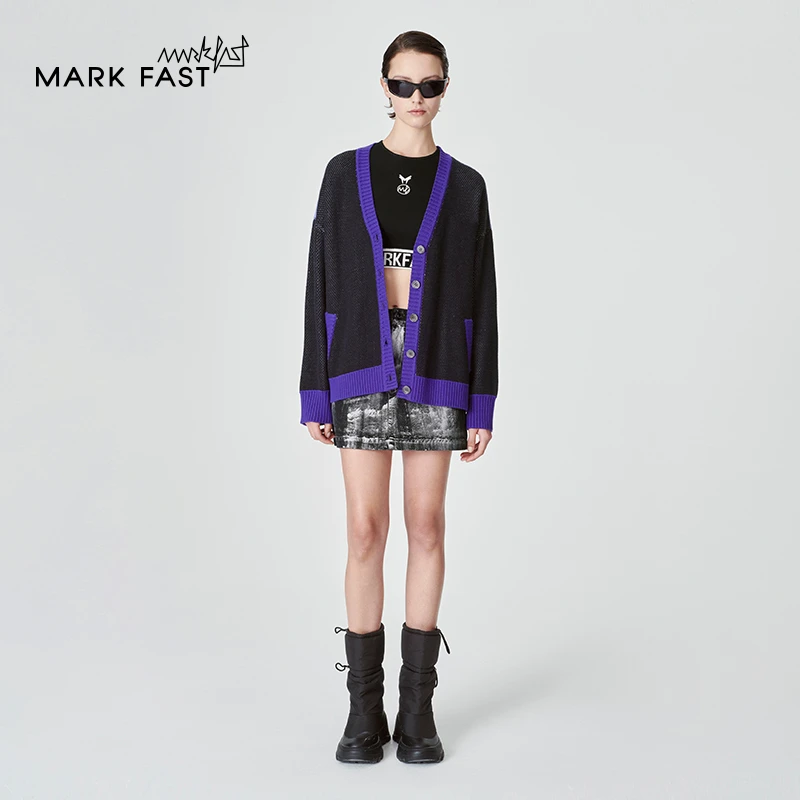 MARKFAST设计师品牌羊毛混纺提花针织开衫女2024春M1DGW08290
