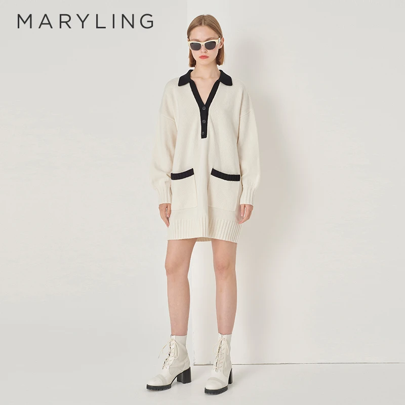 MARYLING玛俪琳冬季休闲优雅米黑撞色羊毛针织连衣裙A1DHW04650