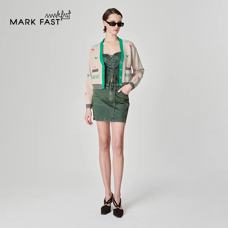 MARKFAST设计师品牌logo图案撞色短款针织开衫女2024夏M1ECW08250