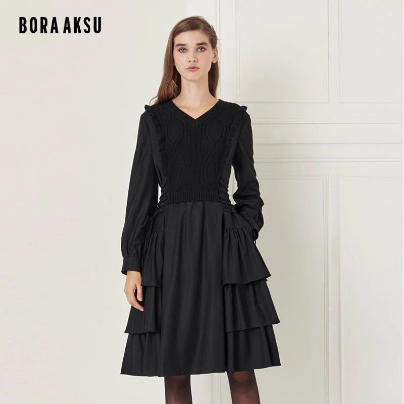 BORAAKSU秋季气质针织拼接荷叶边收腰显瘦甜美连衣裙B1CGW61110