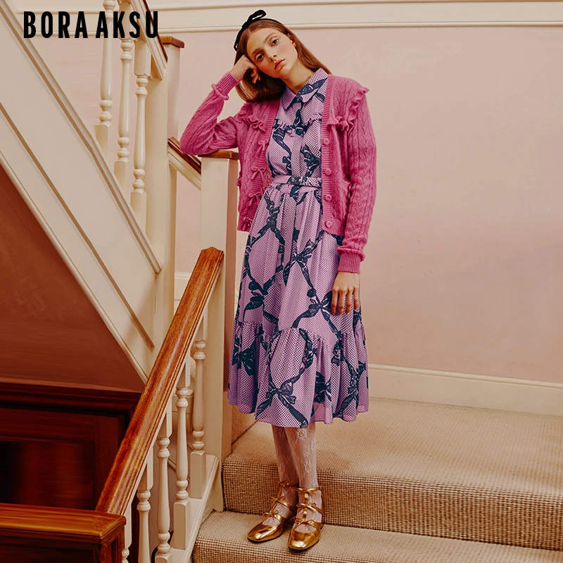 商场同款BORA AKSU2024早春复古荷叶边裙摆印花连衣裙B1EBW63140