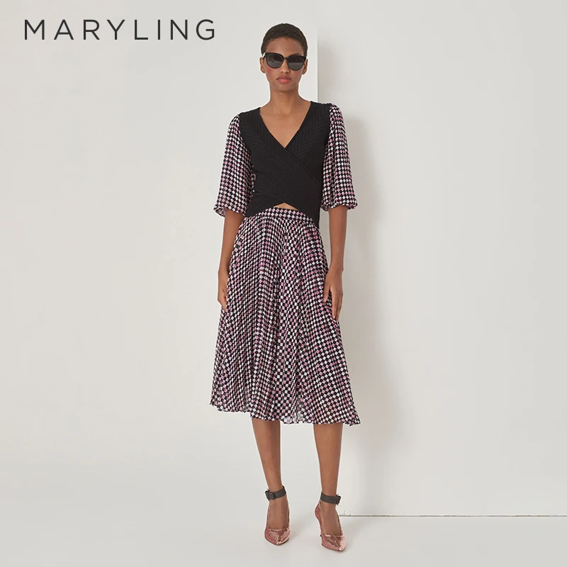 MARYLING玛俪琳初秋新品红莓果色方格印花百褶半身裙女A1DFW72110