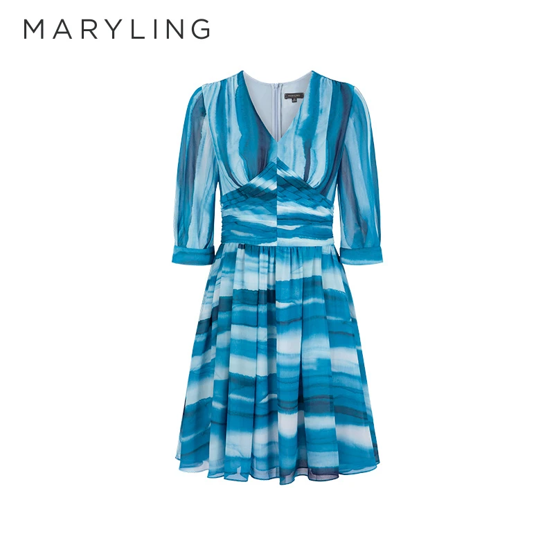 MARYLING玛俪琳夏季优雅渐变蓝色V领海的女儿连衣裙A1DDW62960