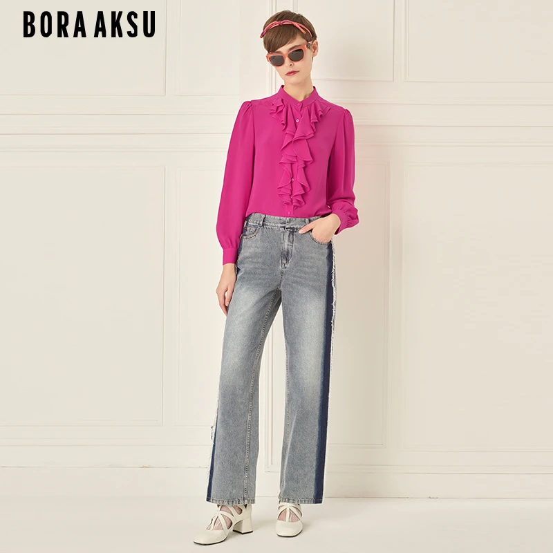 商场同款BORA AKSU2024春真丝桑蚕丝泡泡袖玫红色衬衫B1EAW20090