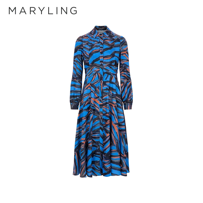 MARYLING玛俪琳冬季优雅蓝色气质女士印花衬衫领连衣裙A1CIW61860