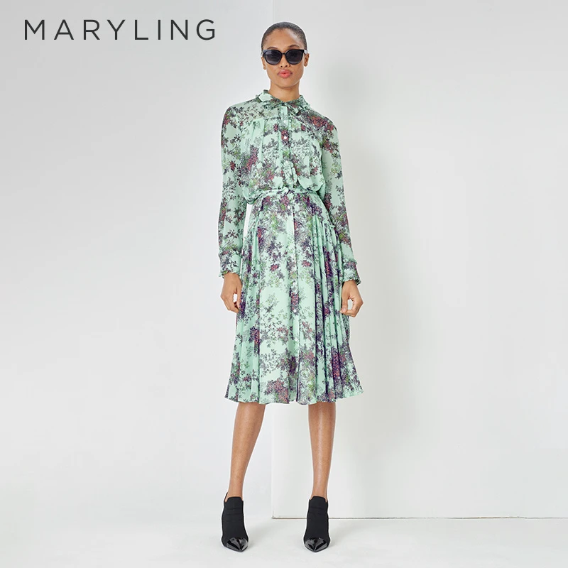 MARYLING初夏新品薄荷曼波浅绿夏日丛林碎花印花衬衣女A1DCW20430