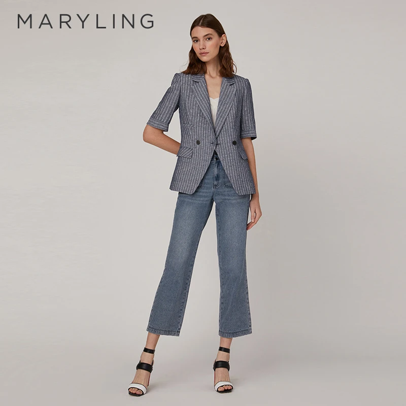 MARYLING玛俪琳春夏季高级蓝灰色条纹中袖双排扣西装A1CCW14670