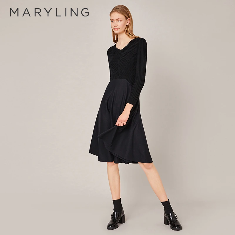MARYLING玛俪琳冬季黑色V领高腰羊毛显瘦女装连衣裙A1BHW65690