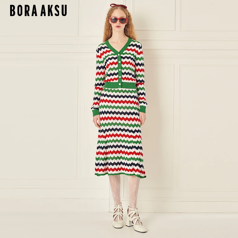 商场同款BORA AKSU2024夏V领夏日迷幻条纹间色针织开衫B1ECW08320