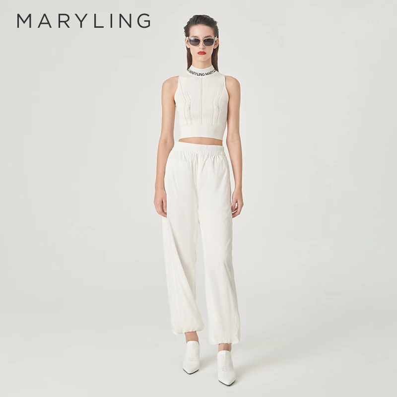 MARYLING玛俪琳2024夏季新品个性帅气白色抽绳宽松长裤A1ECW51270