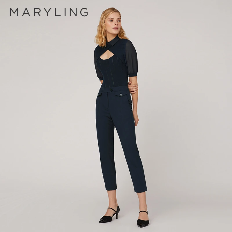 MARYLING玛俪琳春夏深蓝色小翻领短款修身针织套头衫A1CDW01850