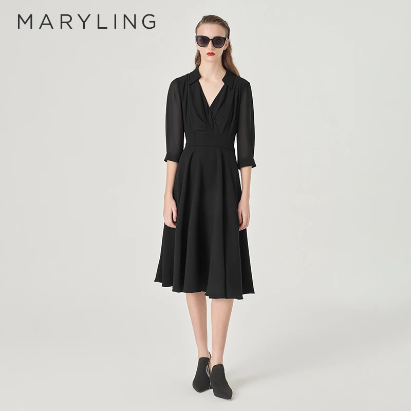MARYLING玛俪琳2024春季新品优雅黑色V字衬衫领连衣裙A1EBW63340