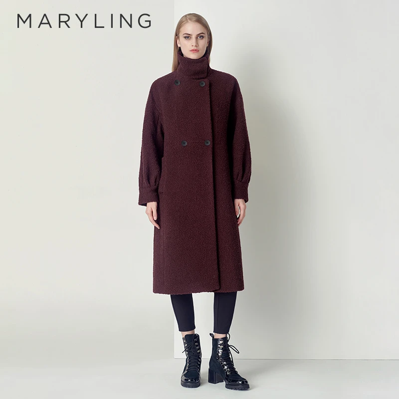 MARYLING玛俪琳2022冬季气质勃艮第红立领双排扣大衣A1CHW93150