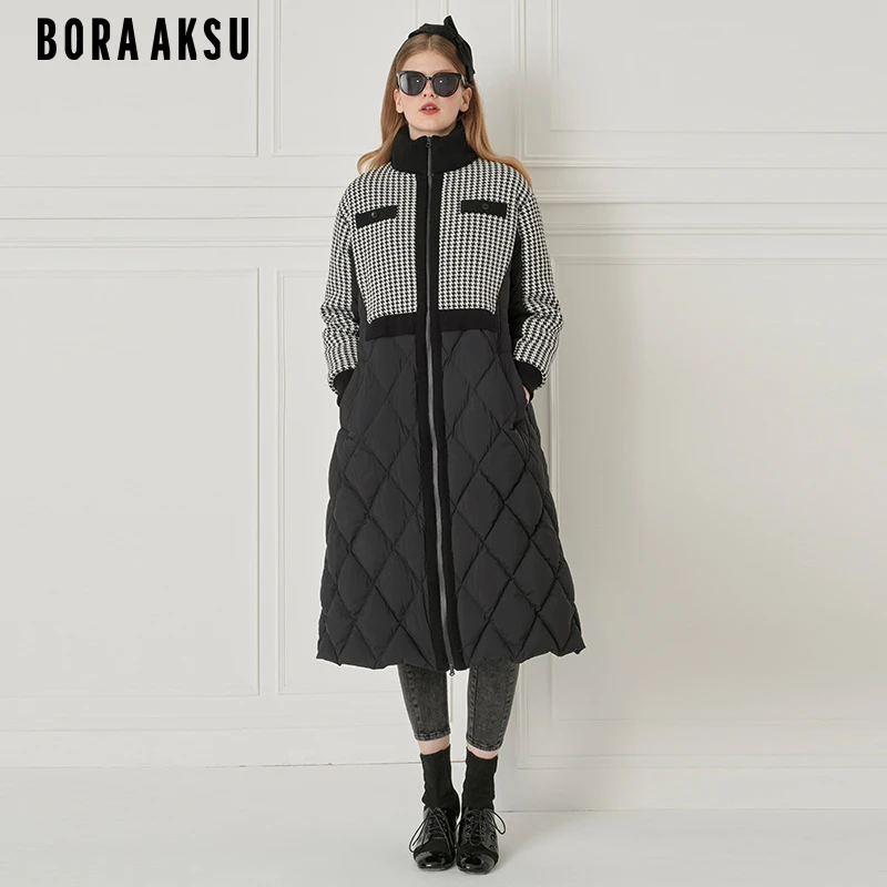 BORAAKSU秋冬百搭黑白千鸟格五金女孩宽松长款轻羽绒服B1DHW98280