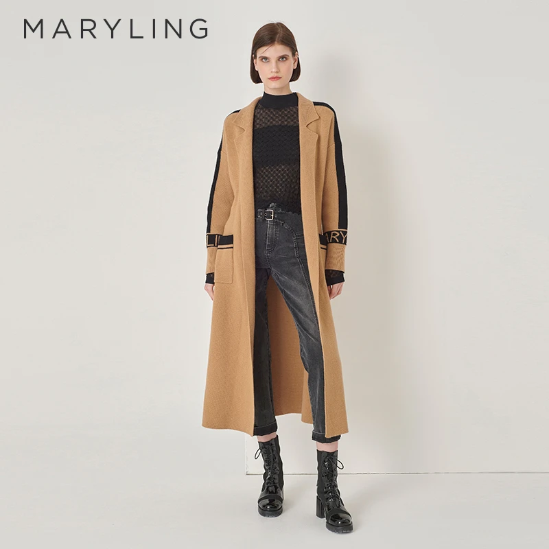 MARYLING玛俪琳秋季时尚复古沙色宽松系带长款针织大衣A1DGW08470