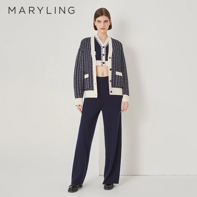 MARYLING玛俪琳冬季气质蓝白撞色V领双口袋针织开衫女A1DHW08600