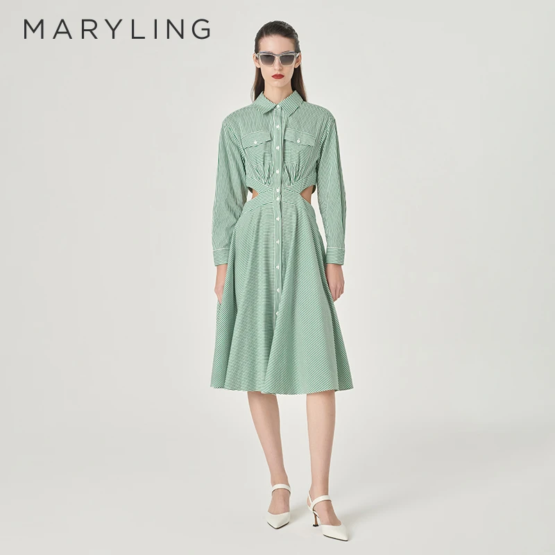 MARYLING玛俪琳2024春季新品绿色细条纹腰部镂空连衣裙A1EBW62990