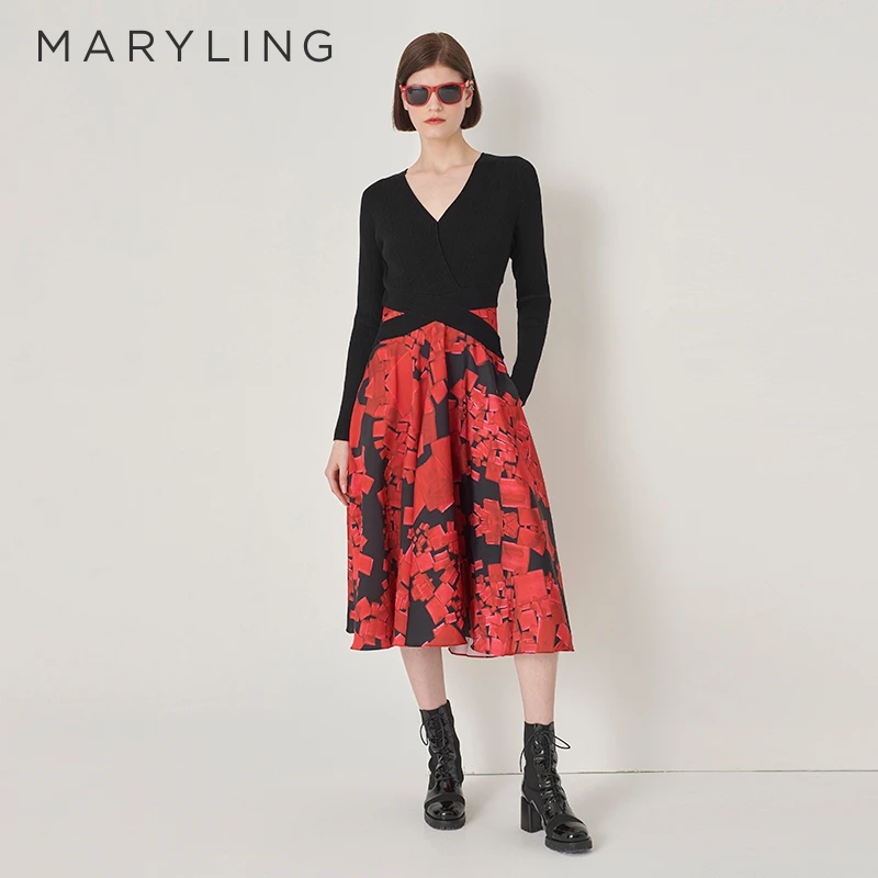 MARYLING玛俪琳秋冬优雅V领修身印花新年针织连衣裙A1DIW62810