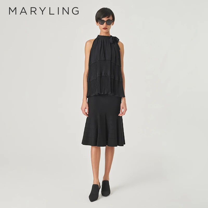 MARYLING玛俪琳2024夏季新品浪漫优雅黑色露肩无袖上衣A1ECW26310