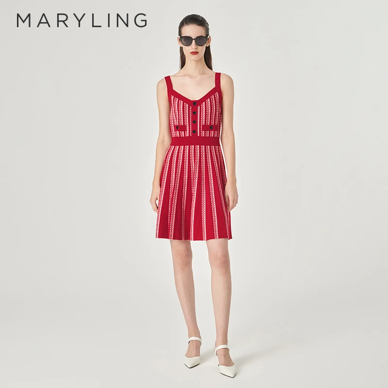 MARYLING玛俪琳2024夏季新品吊带露肩针织提花连衣裙A1ECW04750