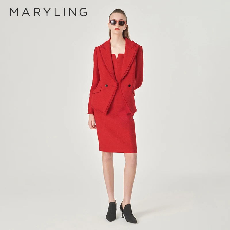 MARYLING玛俪琳2024初春新品新年红色翻驳领粗花呢外套A1EAW14090