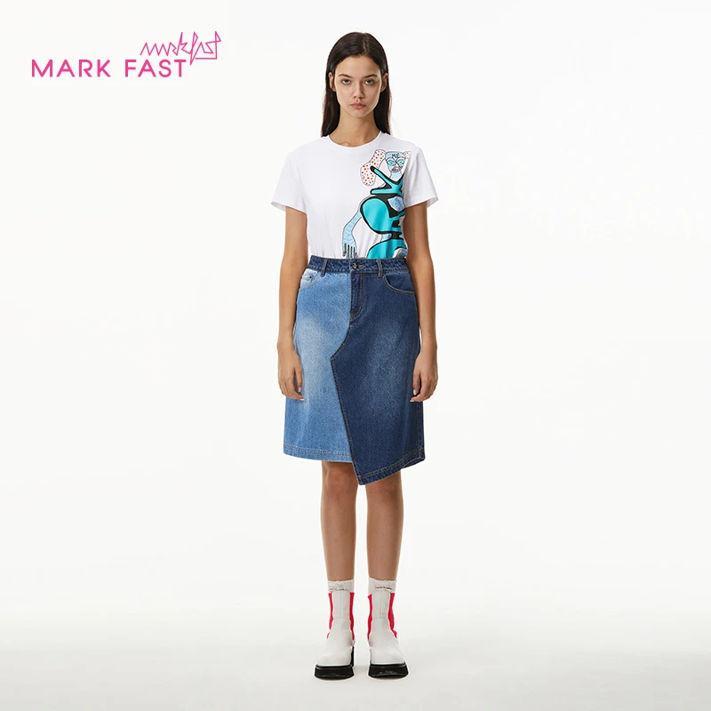 MARKFAST设计师品牌牛仔不规则拼接直筒中裙M1BGW72020
