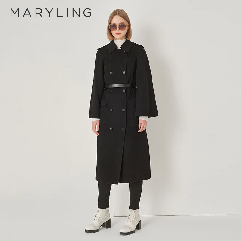 MARYLING玛俪琳冬季经典H廓形双面呢黑色斗篷长款大衣A1DHW93270