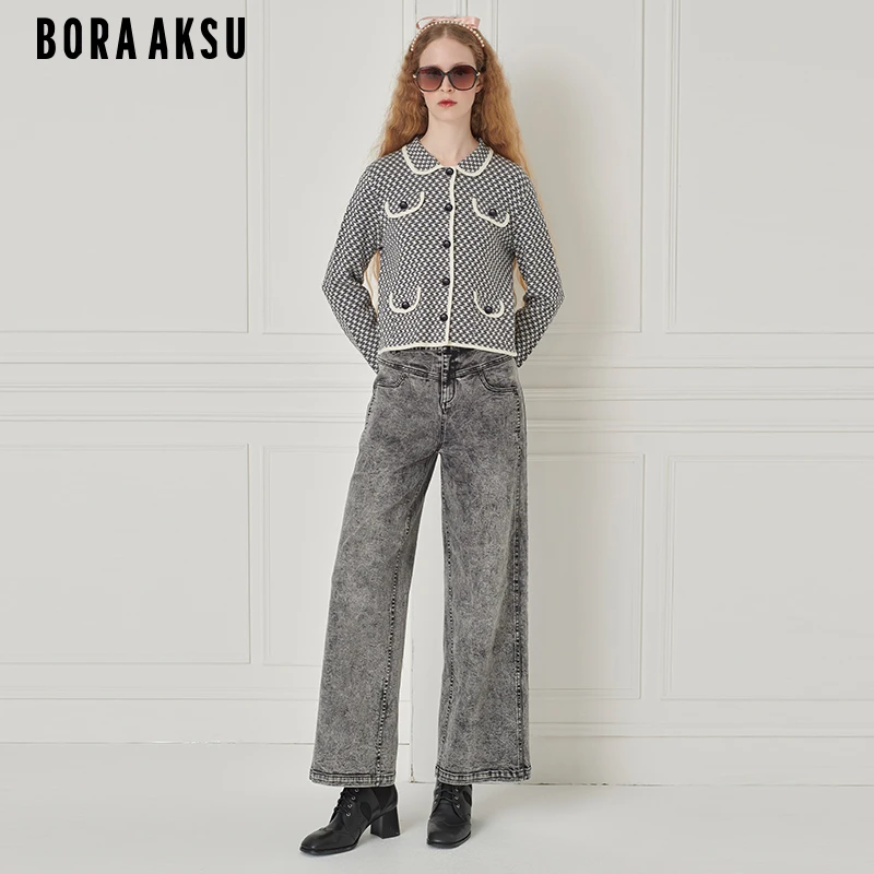 商场同款BORA AKSU2024秋季时尚拼花边千鸟格针织开衫B1EHW08520