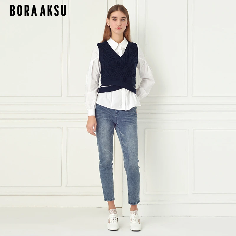 商场同款BORA AKSU春季新款优雅藏蓝色羊毛针织背心B1CAW07010