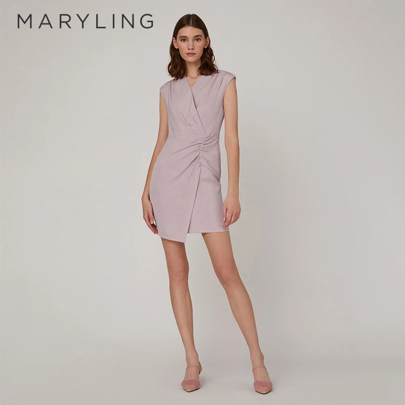 MARYLING玛俪琳夏季时尚樱花粉V领气质无袖包臀连衣裙A1CDW63850