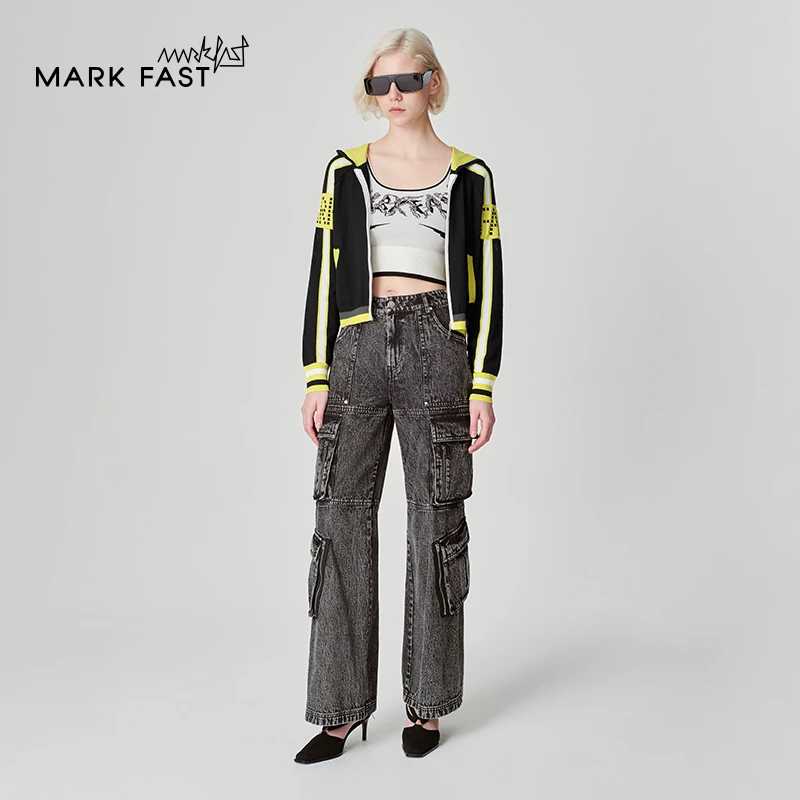 MARKFAST设计师品牌撞色logo提花针织开衫女2024春季M1EAW08080