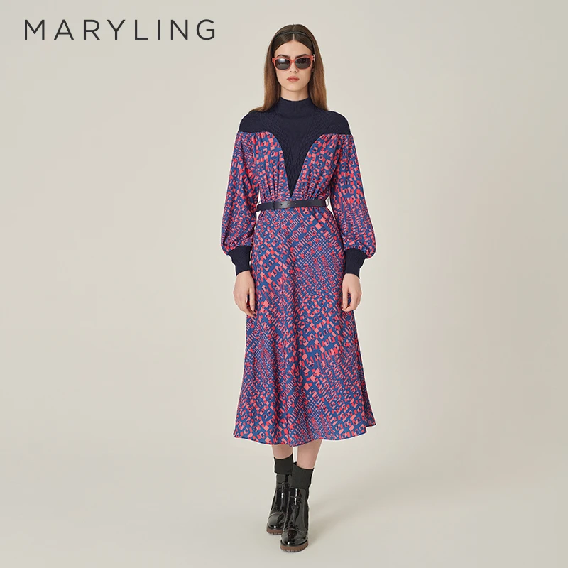 MARYLING玛俪琳2024初冬新品复古半高领针梭印花连衣裙A1EHW65640