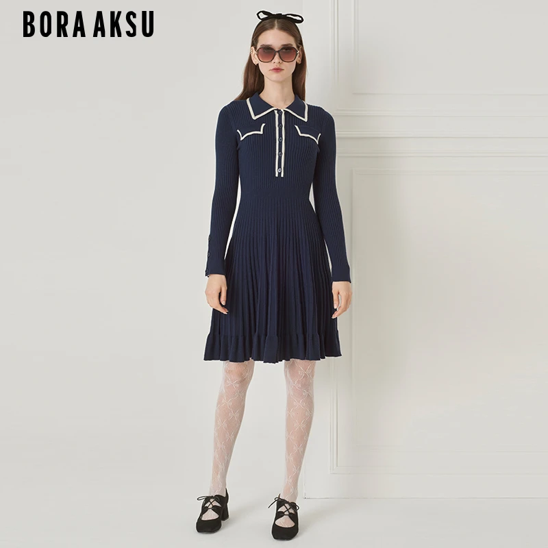 商场同款BORAAKSU秋季半开襟式小翻领褶裥长袖连衣裙黑色连衣裙