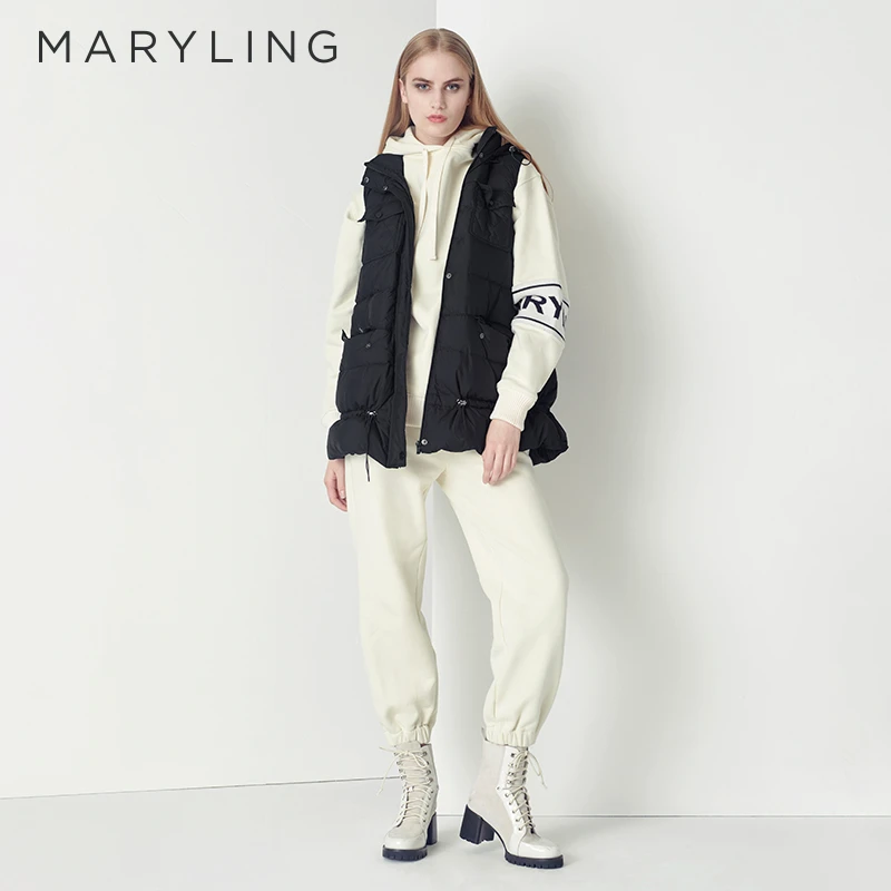 MARYLING玛俪琳冬季时尚保暖黑色经典连帽短款羽绒马甲A1CHW98180