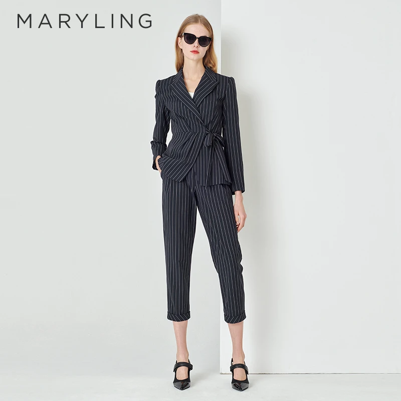 MARYLING玛俪琳春夏时尚通勤不对称条纹修身西装外套A1DAW14060