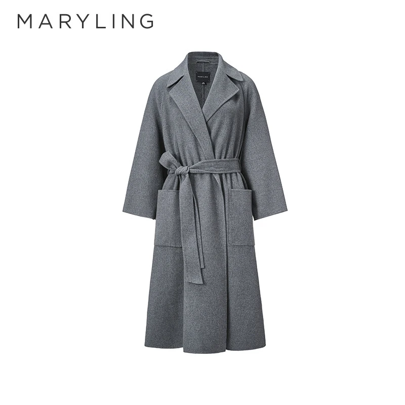 MARYLING玛俪琳秋季烟灰色浴袍式气质翻领宽松款长大衣A1CGW93520