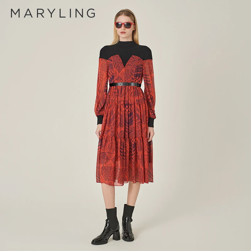 MARYLING玛俪琳2024冬季新品气质高领针梭印花连衣裙A1EIW62490