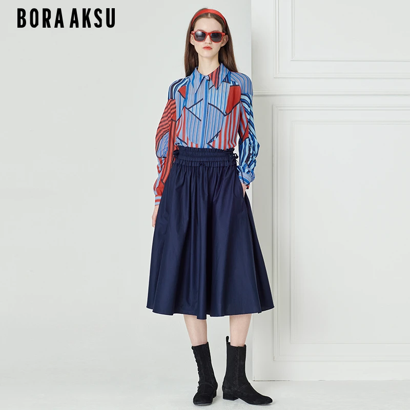 BORAAKSU早春新款设计感红蓝条纹泡泡袖雪纺长袖衬衫B1DAW20010