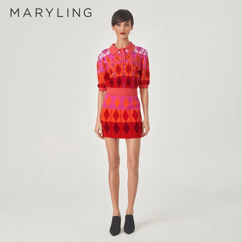 MARYLING玛俪琳2024初春新品红莓果格子羊毛针织半身裙A1EAW05550