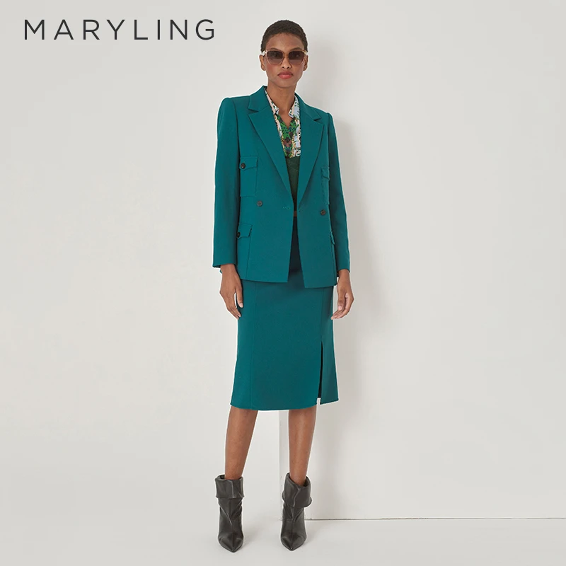 MARYLING玛俪琳秋季新品复古通勤绿松石西装套装A1DGW10160