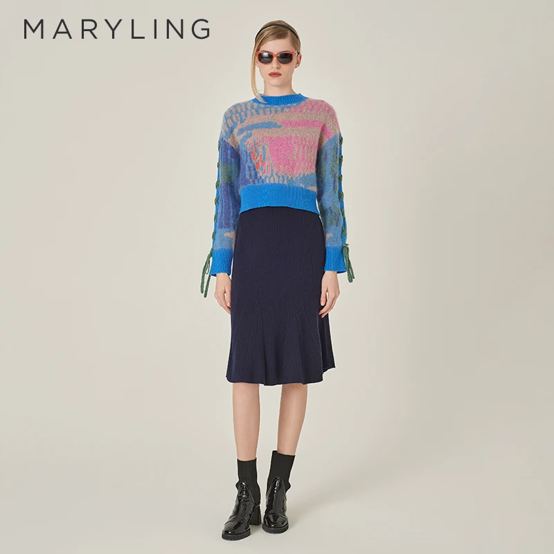 MARYLING玛俪琳2024秋季新品蓝粉色艺术画圆领针织衫A1EGW03260