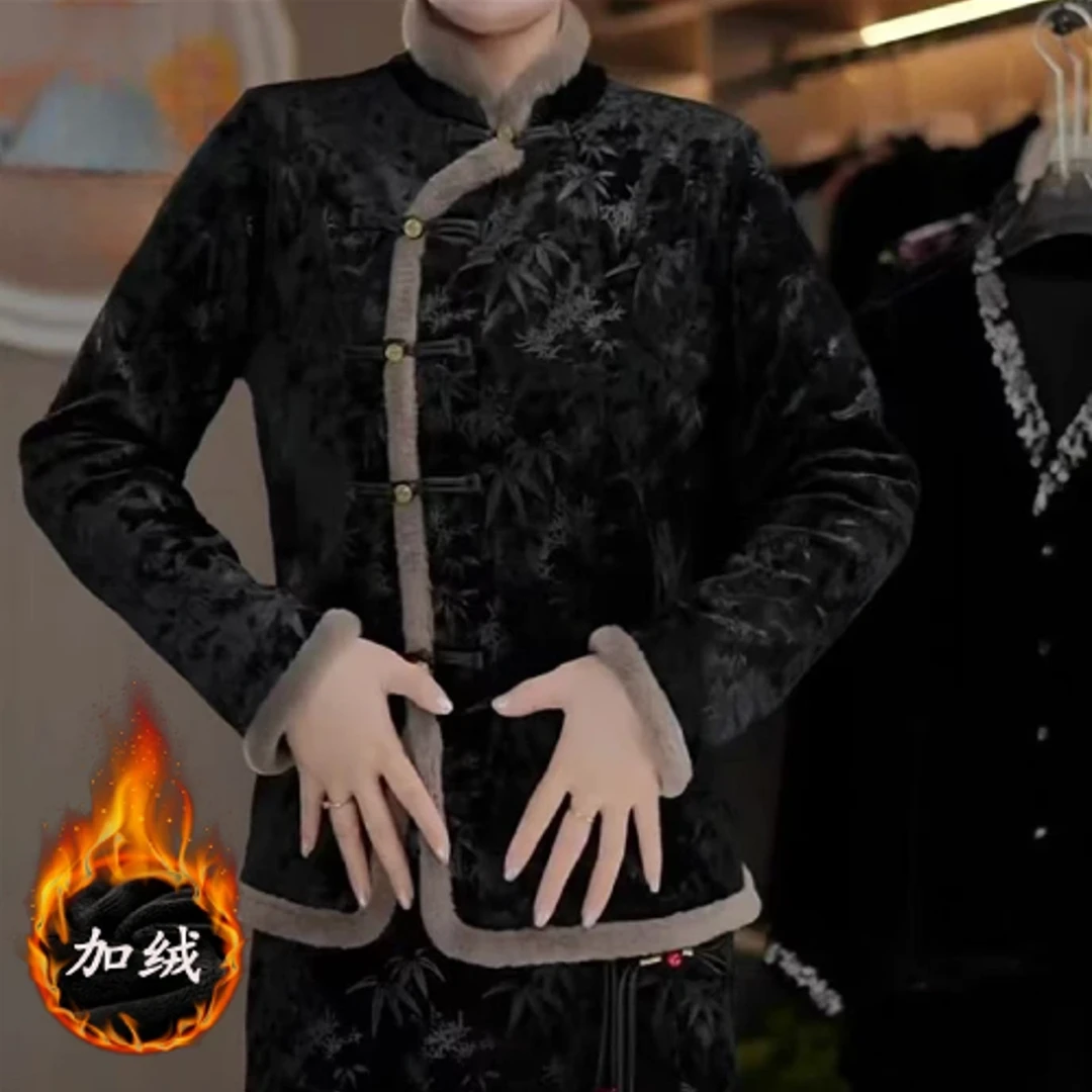 新中式国风复古印花拼接丝绒长袖设计感打底小衫