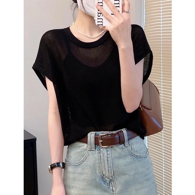 设计感后背镂空休闲针织衫夏季洋气微透冰丝打底衫短袖t恤上衣女
