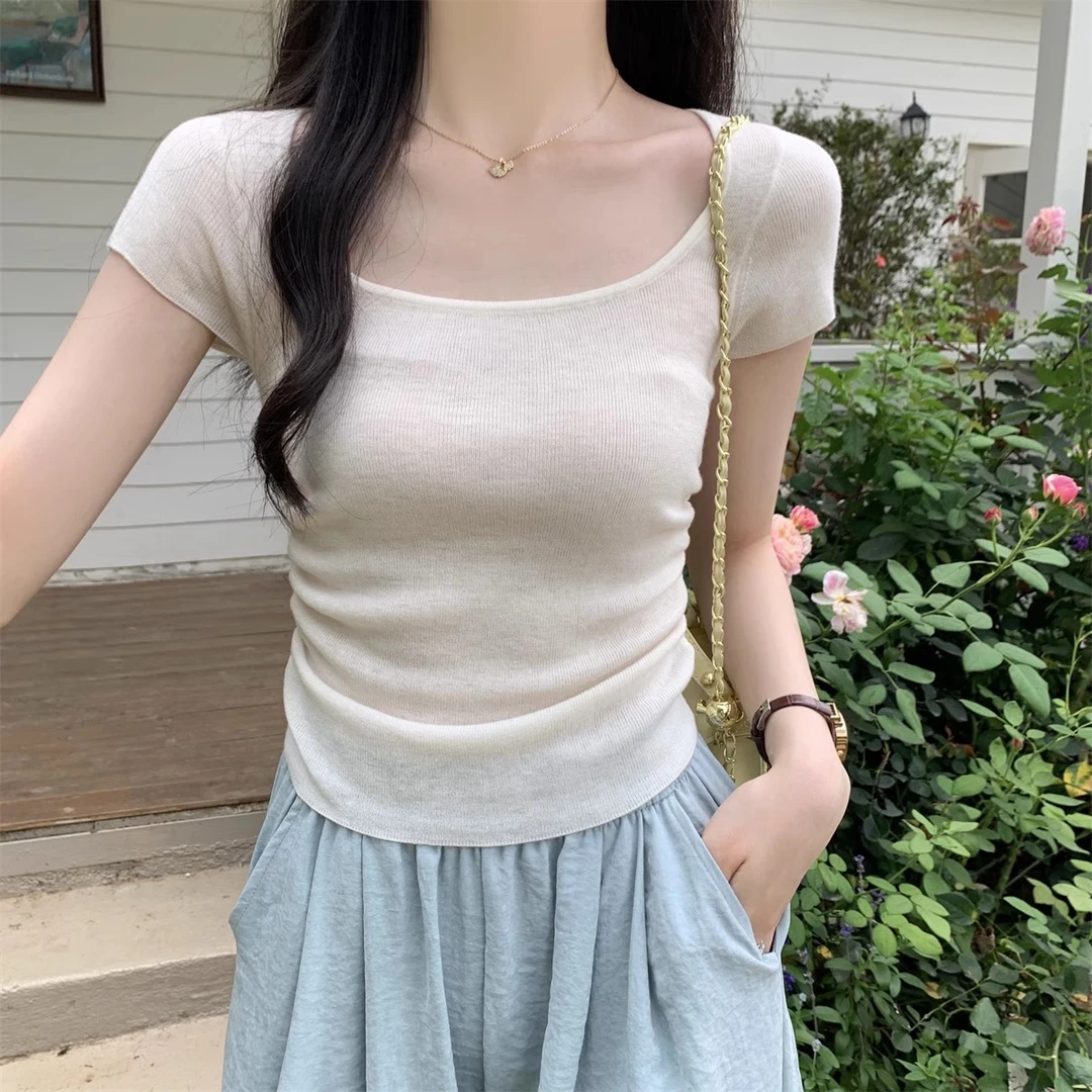 夏季掐腰方领杏色修身褶皱冰丝轻薄款收腰洋气短款针织短袖上衣女