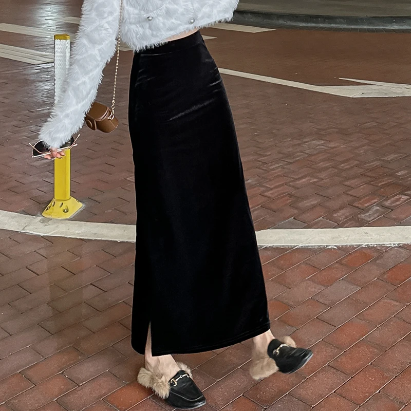 高级感半身裙女黑色长裙2025新款秋冬季高腰显瘦垂感开叉直筒裙子
