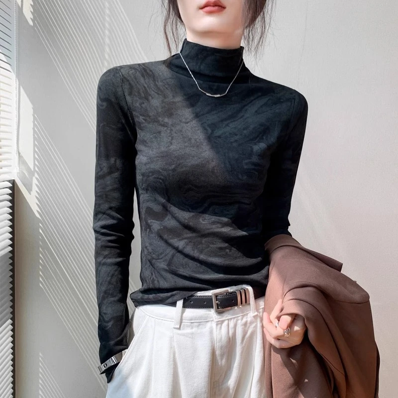 扎染半高领打底衫女2025秋冬新款修身高级感西装内搭长袖T恤上衣
